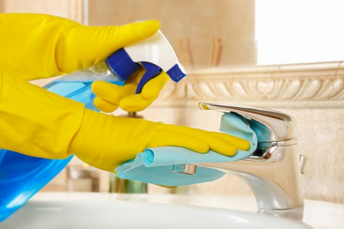 Cleaner reaching upper windows on a Harringay property