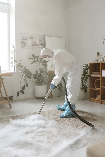 A professional in full protective gear, including a white suit, gloves, and shoe covers, is performing deep carpet cleaning in a bright, modern living room. The technician from Carpet Cleaning Harringay uses a professional vacuum or steam cleaning tool to remove dirt and stains from a light-colored, textured carpet. The room features natural light coming through a window, with minimalistic furniture such as a wooden shelf with decorative items, potted plants, and a small wooden table. The clean, well-maintained space highlights effective surface cleaning and sanitisation processes, demonstrating domestic cleaning services aimed at maintaining hygiene and freshness in residential environments.