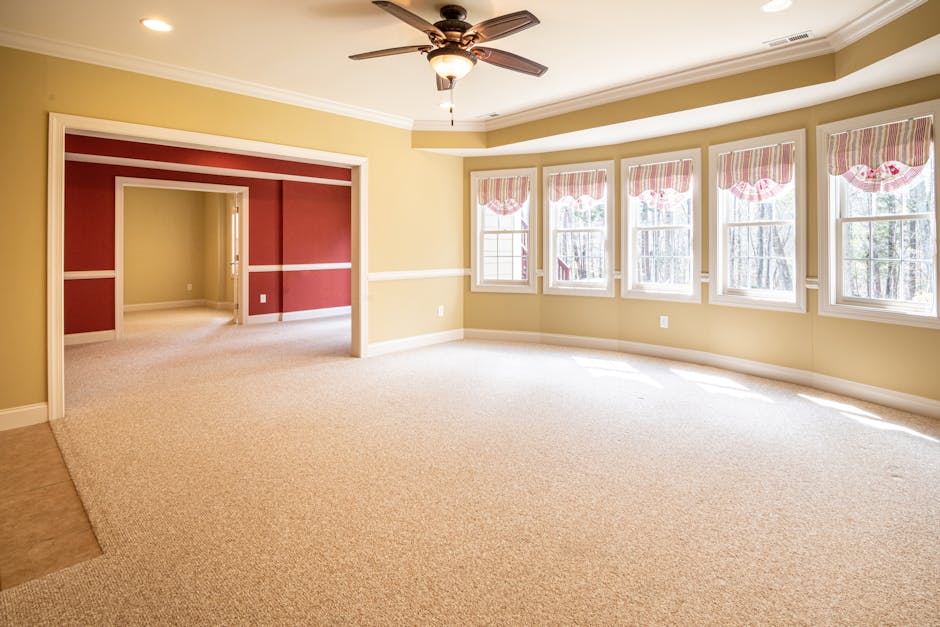 A spacious, well-lit living room with a cream-colored carpet that appears clean and plush. The room features large, white-framed windows with valances and sheer curtains, allowing natural light to brighten the space. The walls are painted in a soft yellow shade, with a decorative white chair rail. A modern ceiling fan with a light fixture hangs from the white ceiling. Adjacent to the living area is another room visible through a wide doorway, which has a contrasting red accent wall and beige carpet. The overall appearance indicates surface cleaning and maintenance, consistent with professional deep cleaning services offered by Carpet Cleaning Harringay to ensure hygiene and carpet freshness.